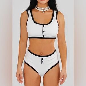 NWT Empire Ribbed High Waisted Black and White Two Piece Swimsuit S E30